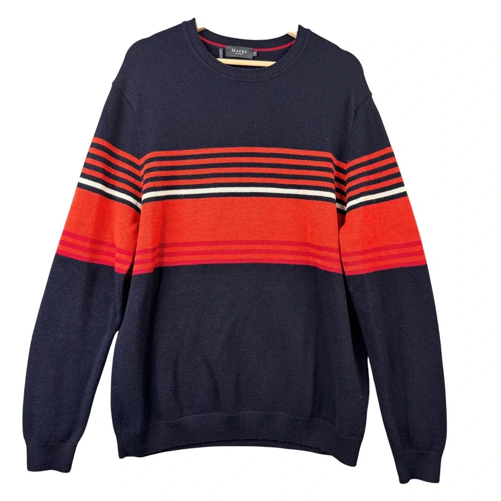 Maerz Muenchen Mens 100% Virgin Merino Wool Striped Pullover Sweater Navy Orange